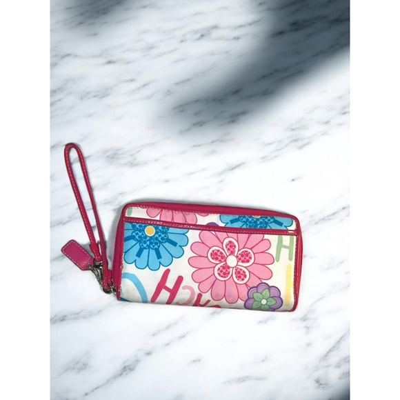 Coach Handbags - COACH Colorful Daisy Floral Graffiti Wallet Billfold Wristlet Pink Trim 8 x 4